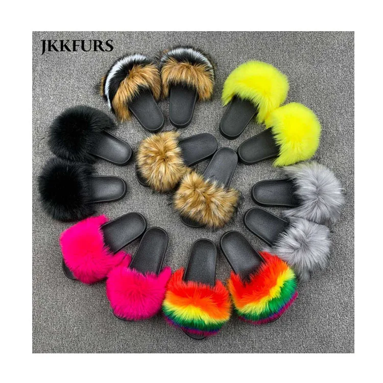 

Wholesale Cheap Furry Faux Raccoon Fur slippers Girls Sandals Imitation Fox Fur Slides, Customized color
