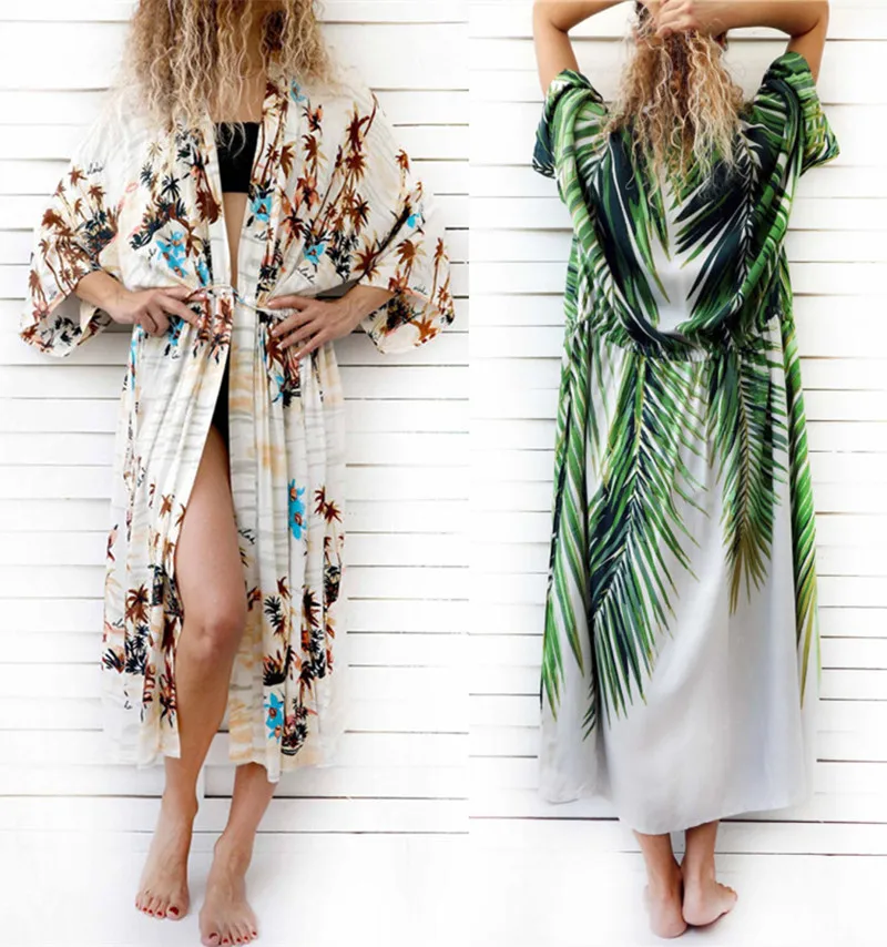 

Best Selling Half Sleeve Beachwear One Piece V Neck Wrap Tropical Leaves Women Cover Up