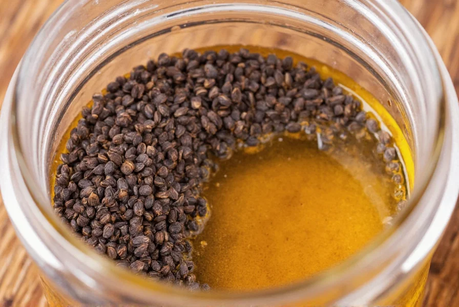 Close-up of black cumin seeds mixed with raw honey in a glass jar showing the natural texture and color combination