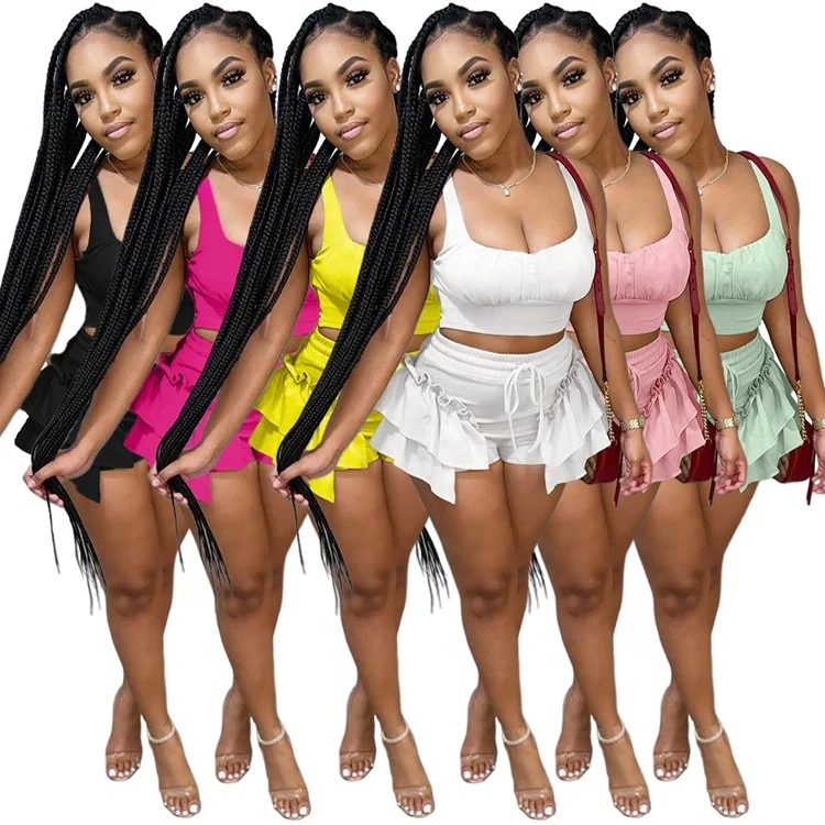 

Hot Selling Casual Outfits Ruffle Two Piece Pants Sets Sleeveless Ladies Tops Camisole Women's Shorts Summer Shorts For Ladies, As picture