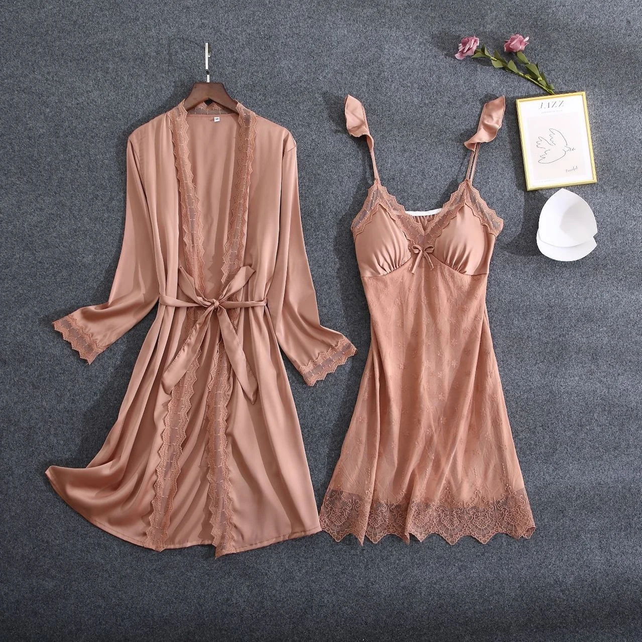 

new Arrivals 2 piece ice silk Satin pajamas sets sexy lace women's solid home wear robe set kimono sleepwear robe set solid