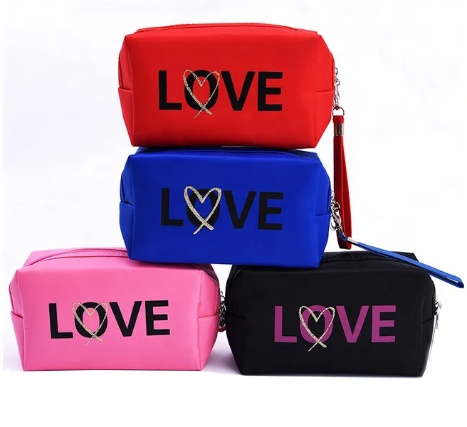 

Cute LOVE Printing Elegant Women Nylon Waterproof Travel Makeup Bag Pouch Organizer Wash Cosmetic Bag with Hand Strap, As picture