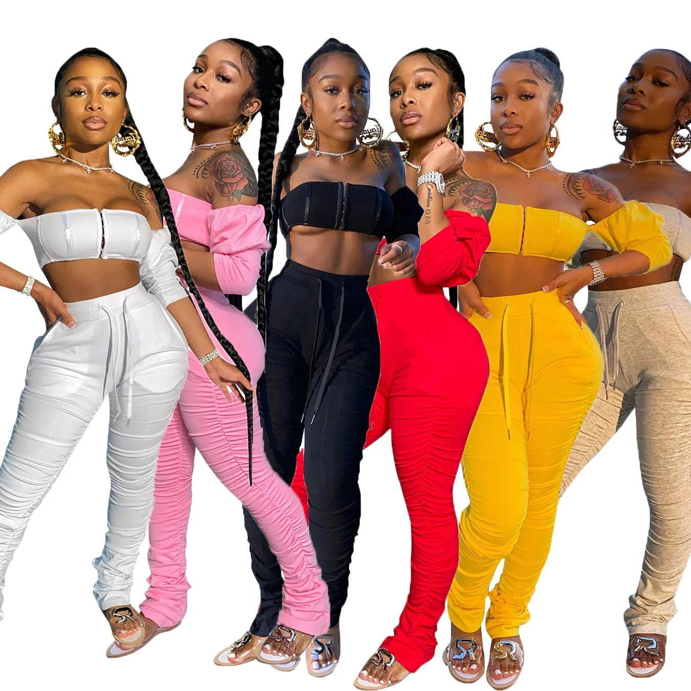 

2021 New Fashion Women Two Piece Set Short Sleeve Off Shoulder 2 Piece Set Pleated Stacked Pants Sport Suit