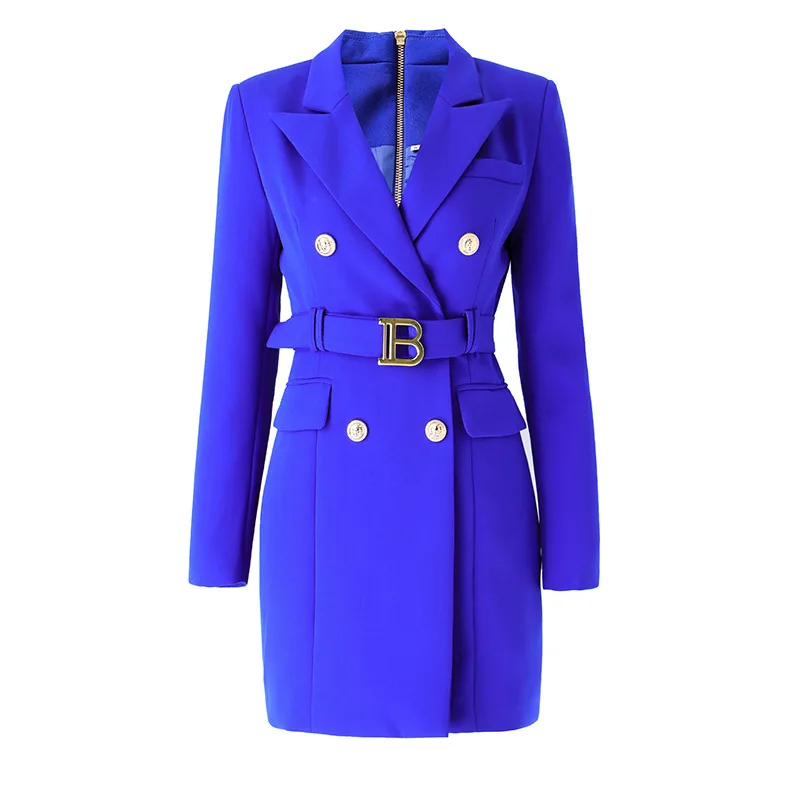 

YQY2022041201 Fashion Office Wear Double Breasted Blue Blazers Ladies Women Long Sleeve Office Ladies Blazer Dress With Belt