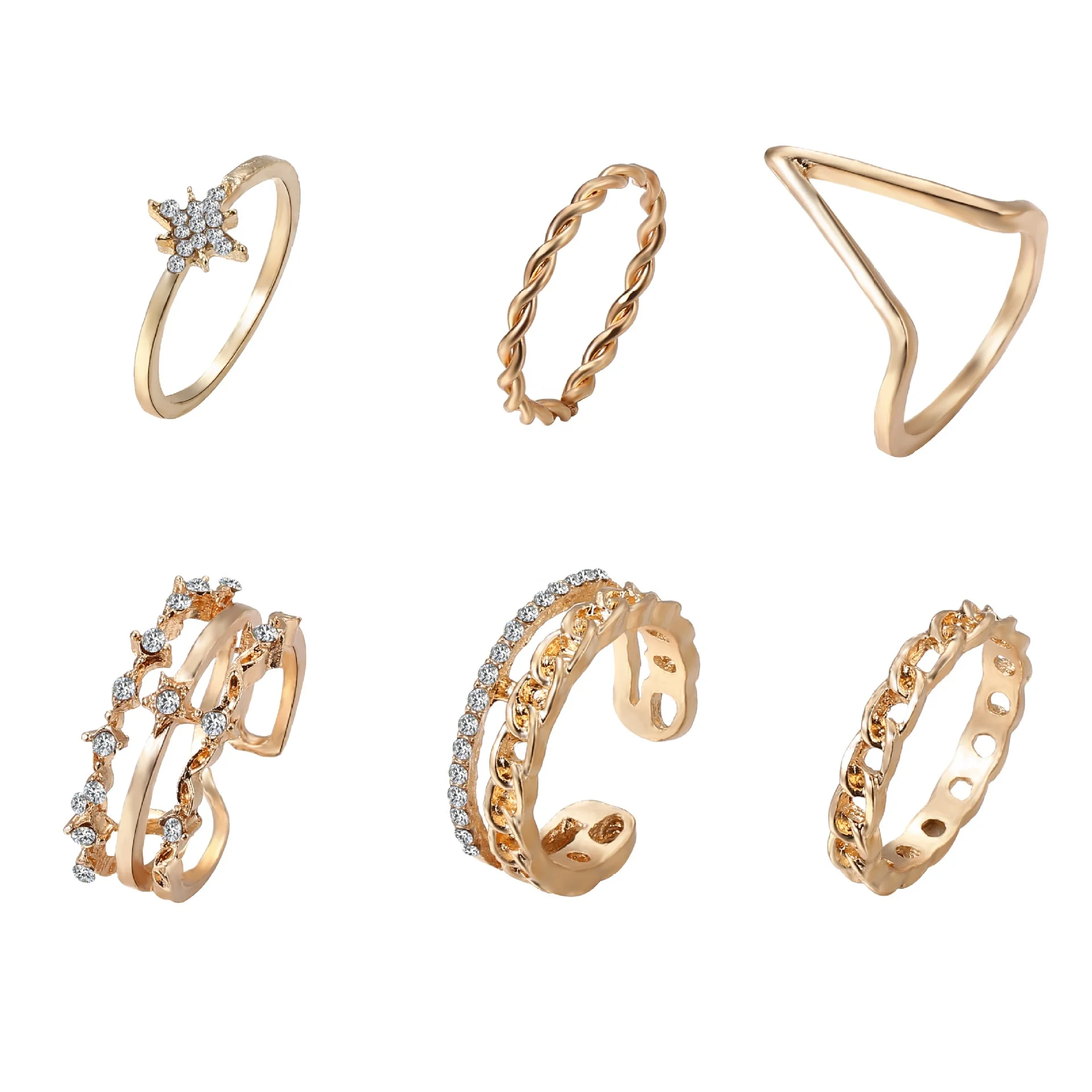 

6pcs Women's Exaggerated personality gold geometric inlay zircon ring set