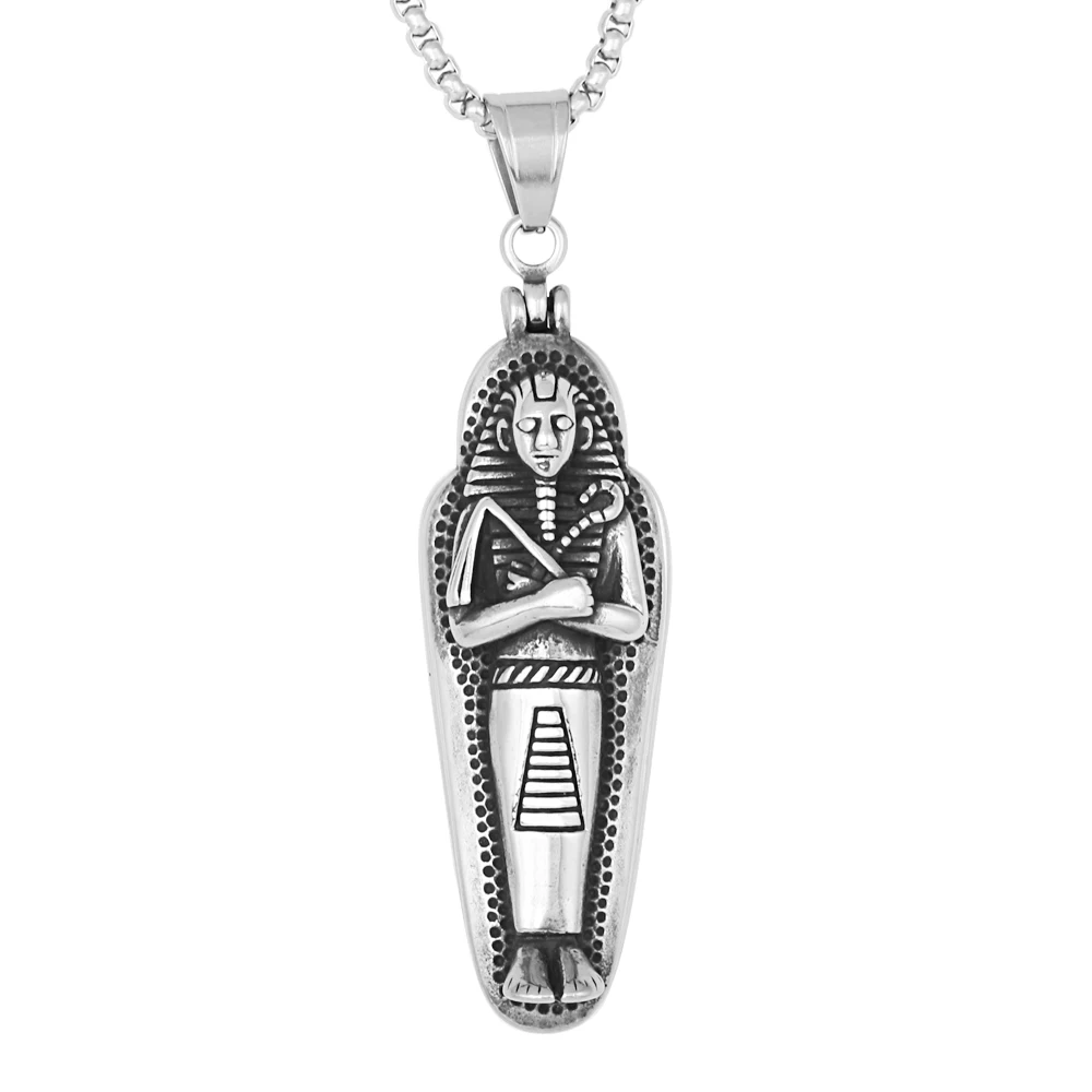 

Vintage Open Coffin Egyptian Mummy Pendant Collar Stainless Steel Pharaoh Pendant Necklace