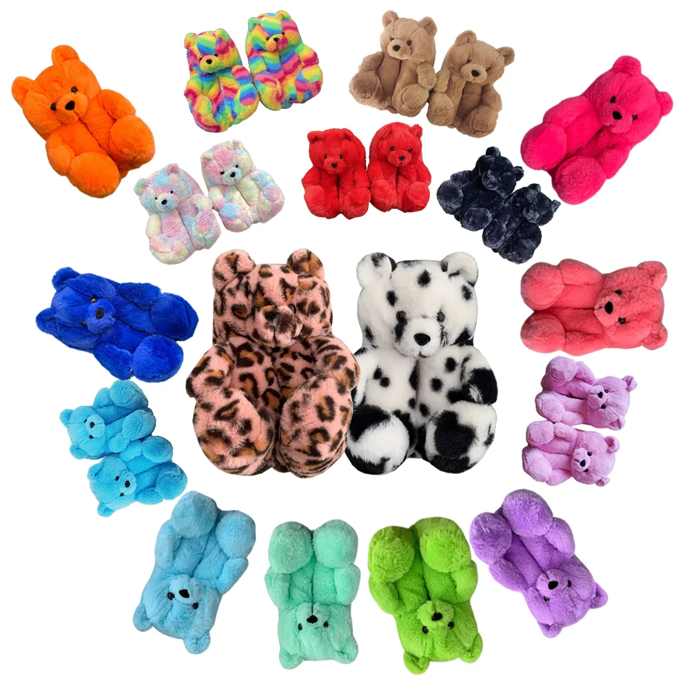 

New Design Rainbow Colors Kids Children Plush Home Indoor Slippers Custom Bow Teddy Bear Slippers For Kids Fluffy Slippers, As picture show or customized