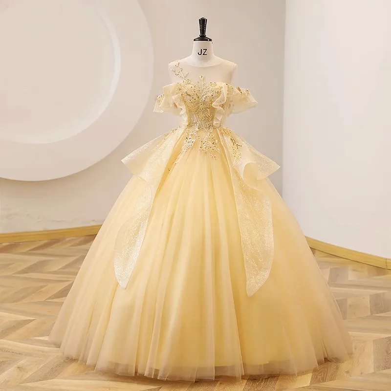 New Color Yarn Students Vocal Art Test Performance Bel Canto Solo Pondy Skirt Presided Yellow Evening Dress