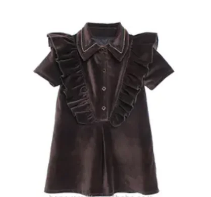 

Custom A-line Princess Ruffle Short Sleeves Brown Silk Velvet Dress Shirt for Girls