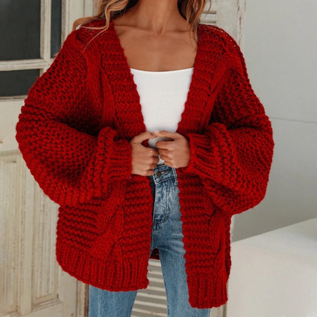 

Hot Selling Good Quality Women's Casual Color Open Front Slouchy Lightweight Crochet Side Pocket Knit Sweater