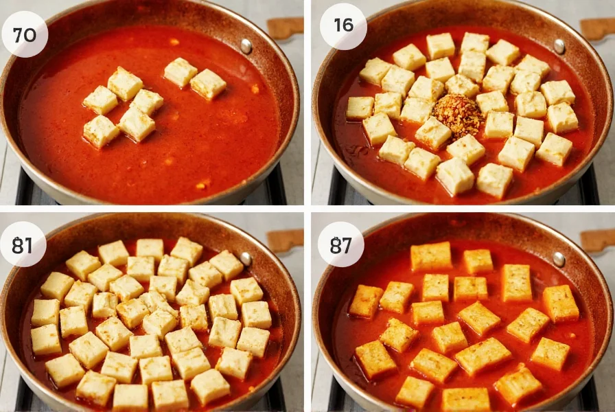 Step-by-step preparation of chili tofu showing tofu cubes simmering in vibrant red sauce with visible chili flakes and sesame seeds