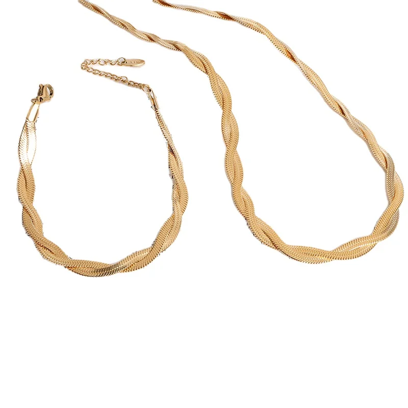 

18K Gold Plated Chokers Stainless Steel Double Flat Snake Rope Chain Women Jewelry Sets Necklace Bracelet