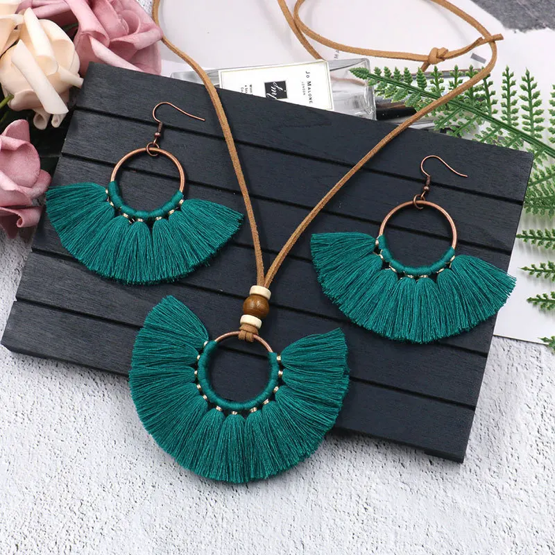 

New Handmade Vintage Tassel Necklace And Earring Set Tassel Pendant Tassel Necklace Bohemian For Women Gifts, As pictures