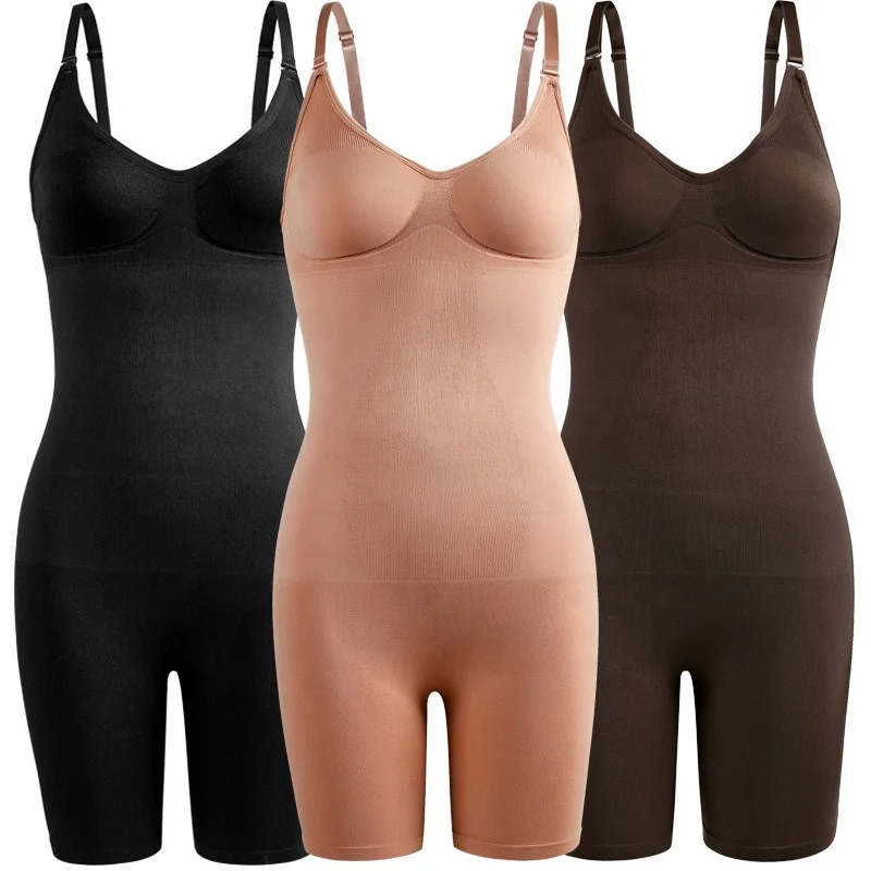 

Seamless Tummy Control Shaperwear Women Fajas Bodysuit Adjustable Strap Mid Thigh Abdomen Postpartum BodyShaper, Black/brown/deep skin