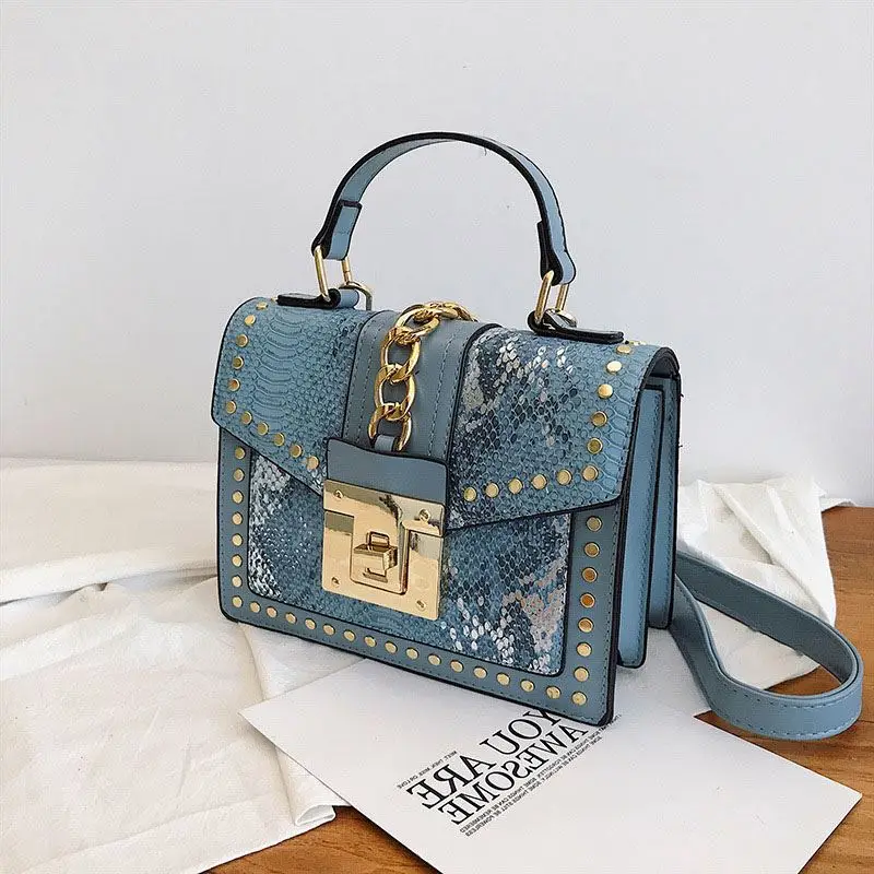 

L191122 Wholesale fashion designer lock snakeskin pu leather handbag custom purses and handbags women with rivet