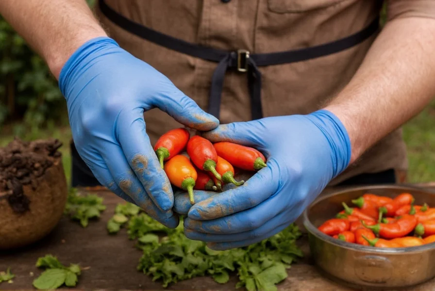 Person wearing safety gloves carefully handling Carolina Reaper peppers with proper ventilation and safety equipment