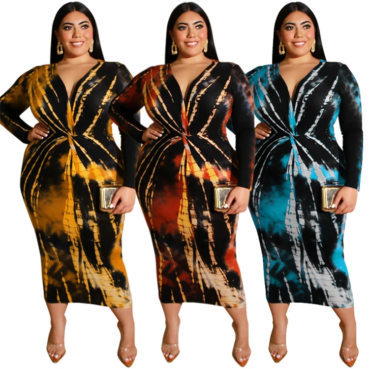 

fall clothing long sleeve tie dye women casual dresses plus size maxi dress