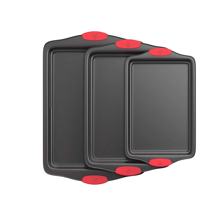 

3 Piece Carbon Steel Baking Pan Cookie Sheets with Red Silicone Handles