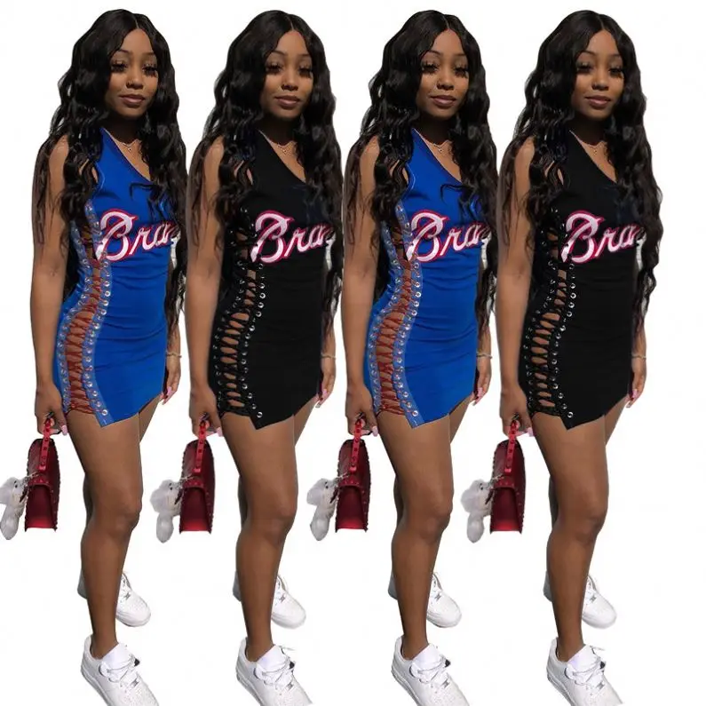 

Wholesale Trendy Sexy Summer 2021 Sleeveless Band Letter Print Bandage Hollow Out Shout Bodycon Dress For Women Night Club Wear, Picture