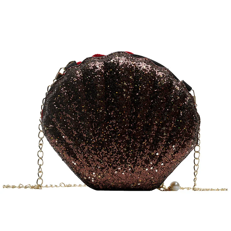 

2019 Fashion Korean Pink Style PU Leather Sequins Shell Shape Cute Lady Chain Clutch Women Mini Purse, 4 colors available