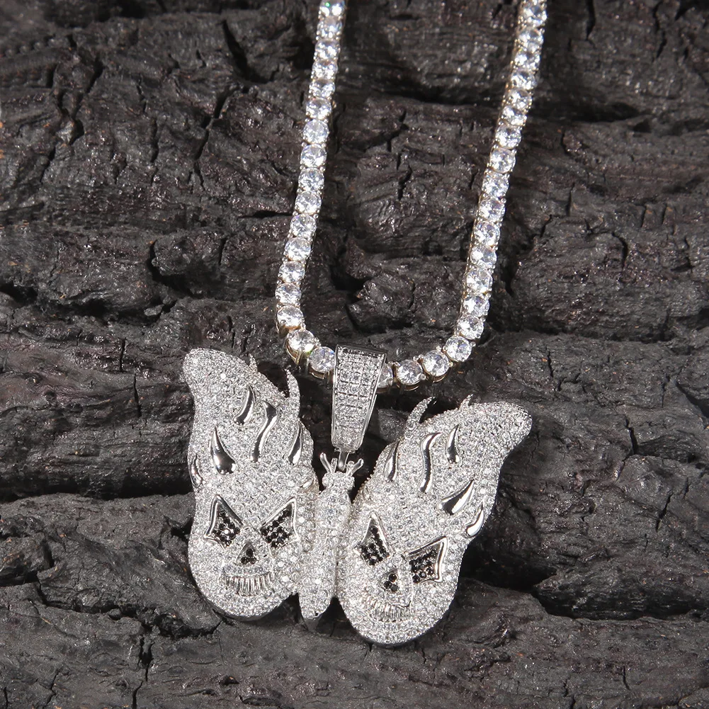 

Hip hop blling jewelry 5A cubic zirconia cz diamond butterfly pendant tennis rope chain men necklace