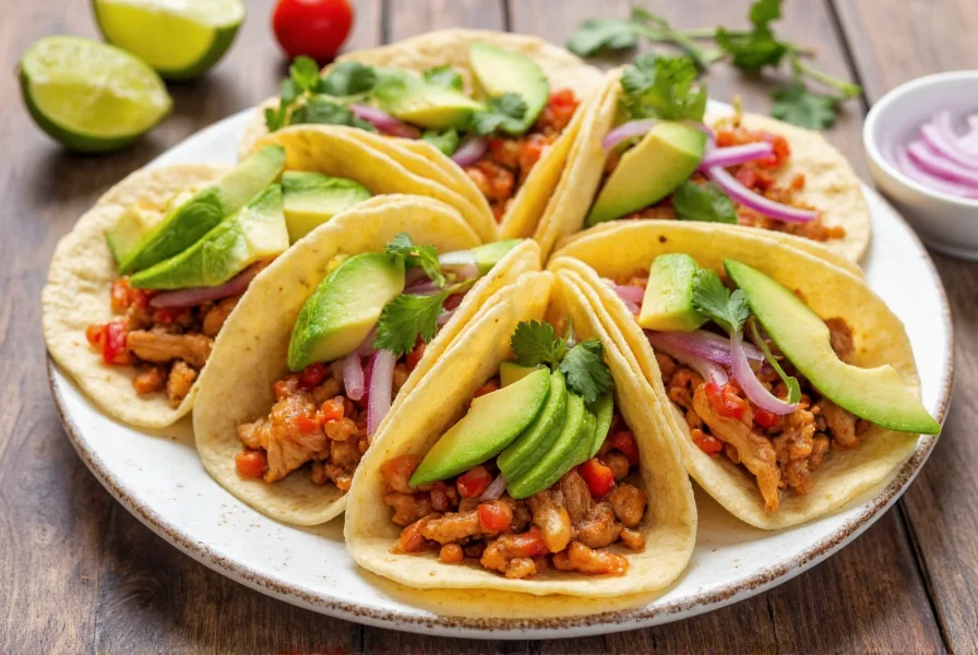 Colorful platter of chili lime chicken tacos with avocado slices, red onion, and fresh cilantro