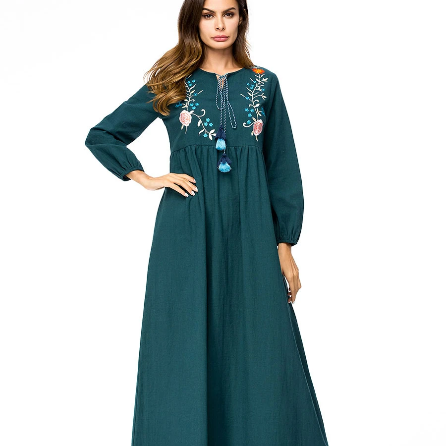 

Wholesale Islamic long floral dress embroidered long sleeve dark green maxi abaya dress