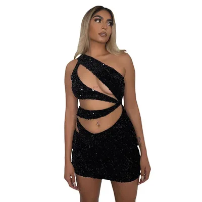 

Irregular Slant Shoulder Hollow Out Sexy Mini Bodycon Dress