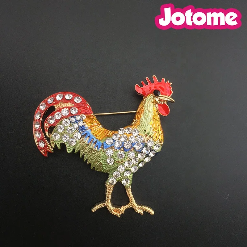 

Golden Tone Multi Light Topaz Colored Rhinestones Chicken Rooster Hen Brooch Pin, Red green