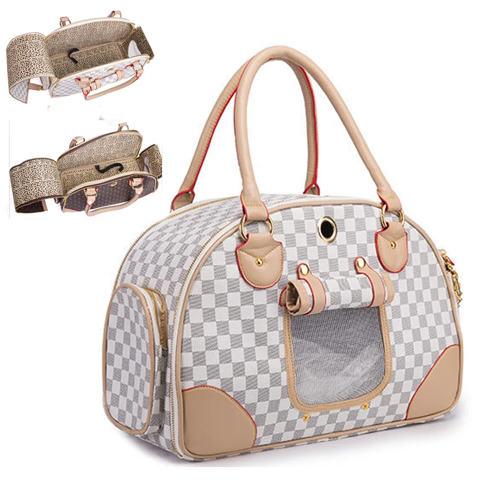 

Wholesale Factory Price High-end Designer Leather PU Checkered Plaid Breathable Travel Cat Bag Pet tote Carrier Bags