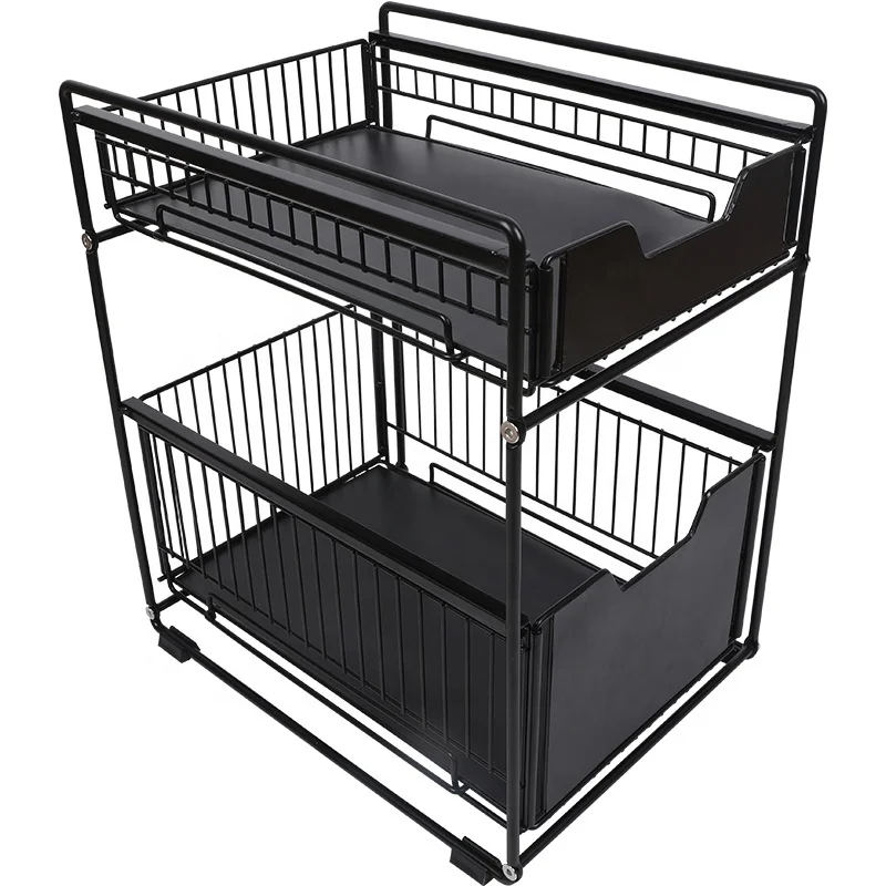 

2 Tier Under Sink Storage Rack Sliding Cabinet Basket with Wheels Drawer Pull Out Rolling Cart for Kitchen, Black white
