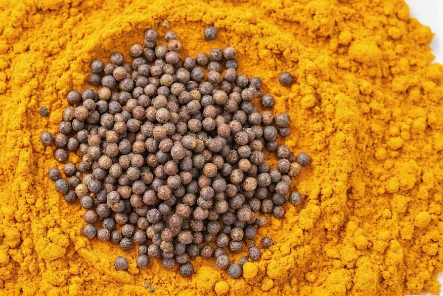 Turmeric root and black peppercorns side by side