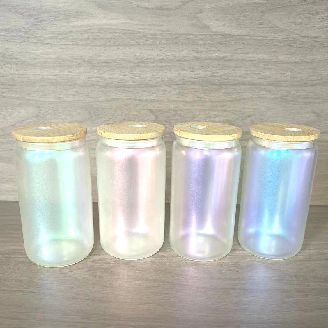 

Sublimation Blank mugs 16oz Rainbow Holographic Can Shaped Clear Glass Cups Sublimation iridescent glass can with lid and straw