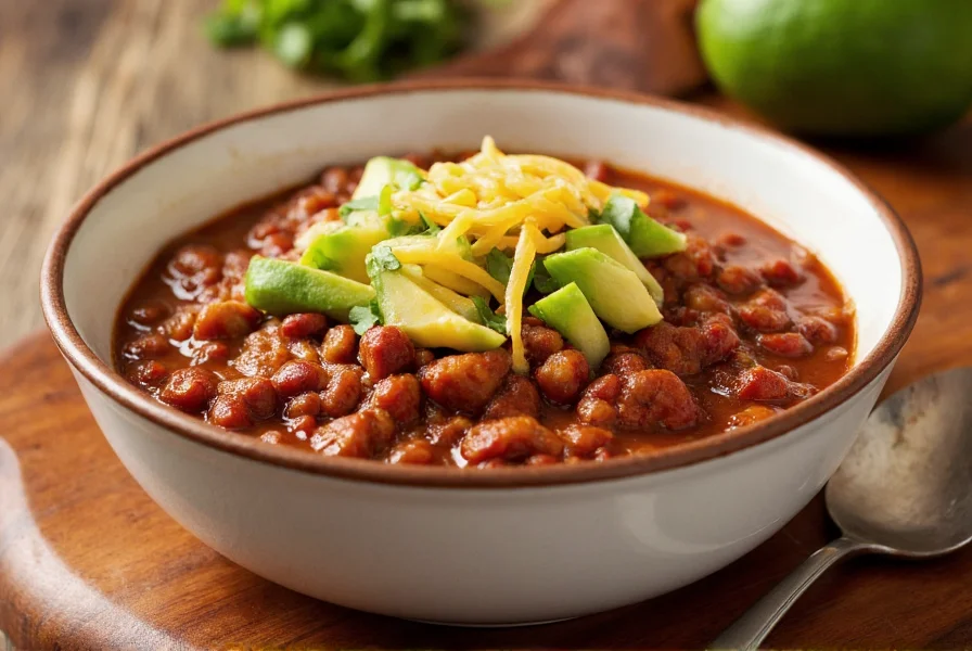 Instant pot chili served in bowl with various toppings including avocado, cheese, and cilantro on wooden table