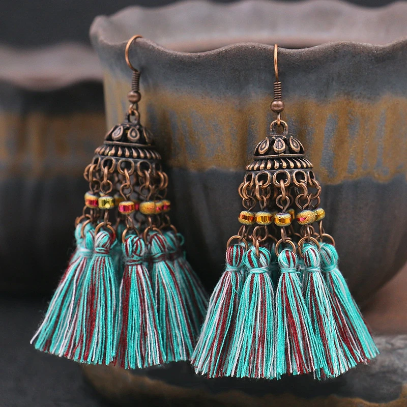 

Vintage Boho Ethnic Style Antique Bronze Plated Hook Women Statement Drop Colorful Bohemian Cotton Tassel Pendant Earrings, Color plated as shown