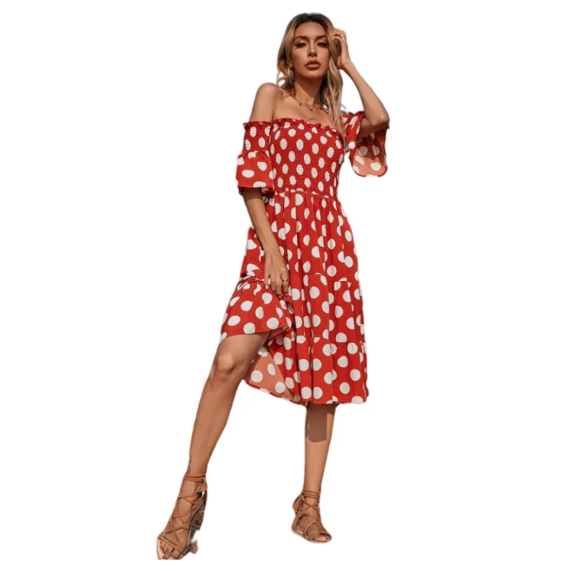 

Fashion one-line neck A-line skirt dress loose stitching skirt Europe and America