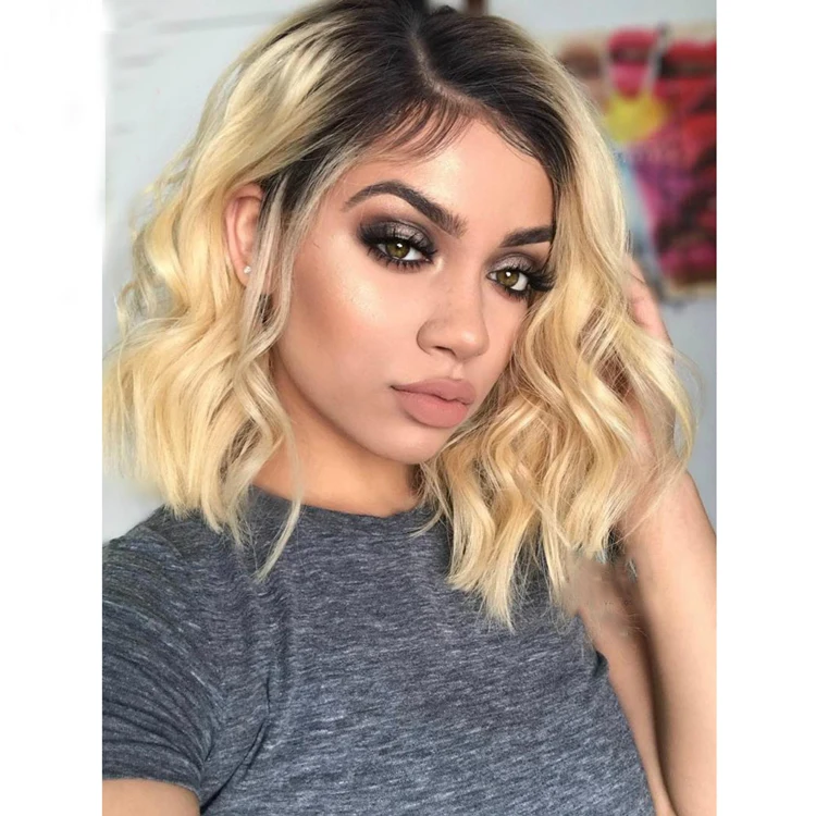 

Pre Plucked Ombre Blonde Short Water Wave Bob Remy Brazilian Human Hair Fake Scalp Frontal Wig