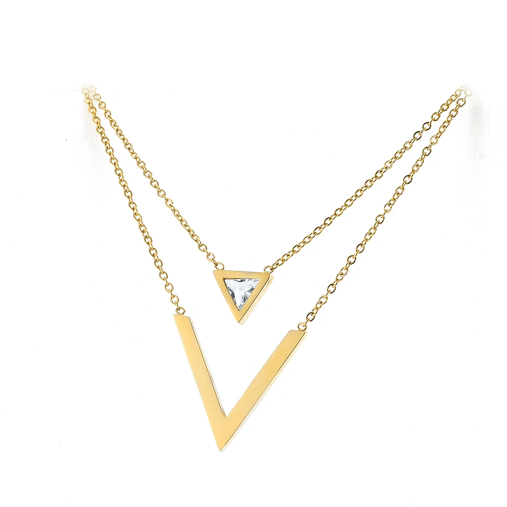 

Geometric triangle pendant necklace women jewelry 18K gold plated double layered chain