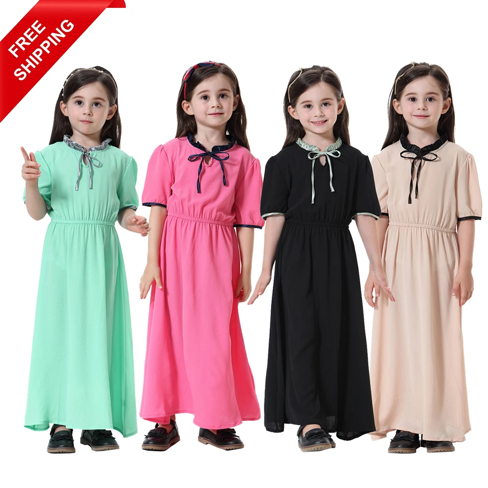 

FREE SHIPPING Dubai Solid Color Breathable Muslim Children Islamic Kids Clothing Dress Girls Abaya With Elastic Neckline, Black, khaki, rose red, light green