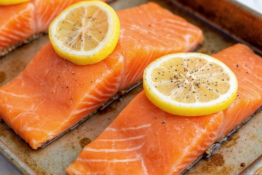 Fresh salmon fillets with lemon slices and cracked black pepper on baking sheet