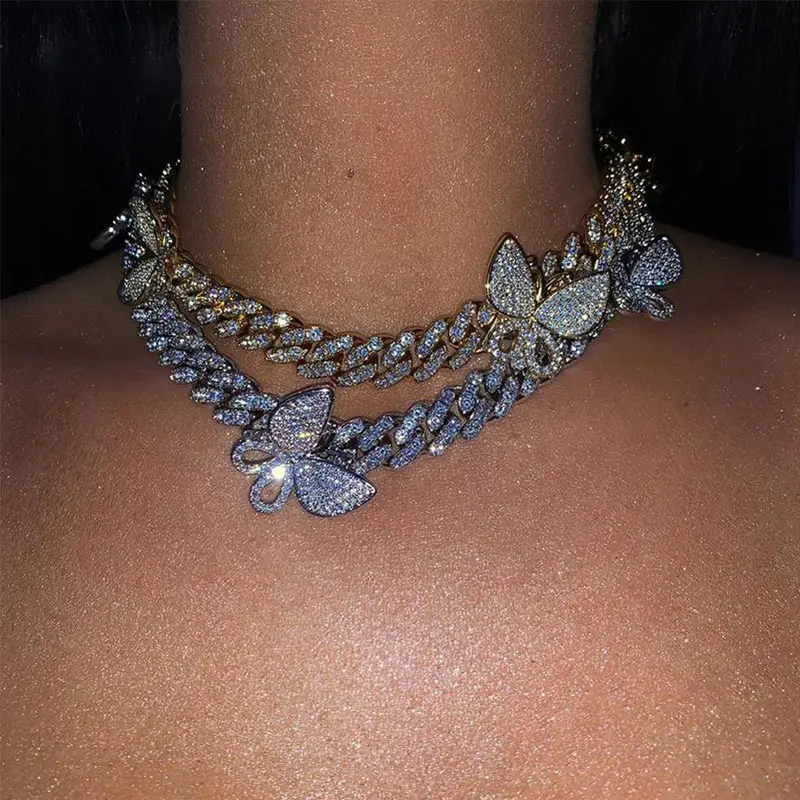 

Fashion Charm Jewelry for Women Shiny Rhinestone Punk Necklace Hip Hop Cuban Link Butterfly Choker Necklace, Gold,silver color