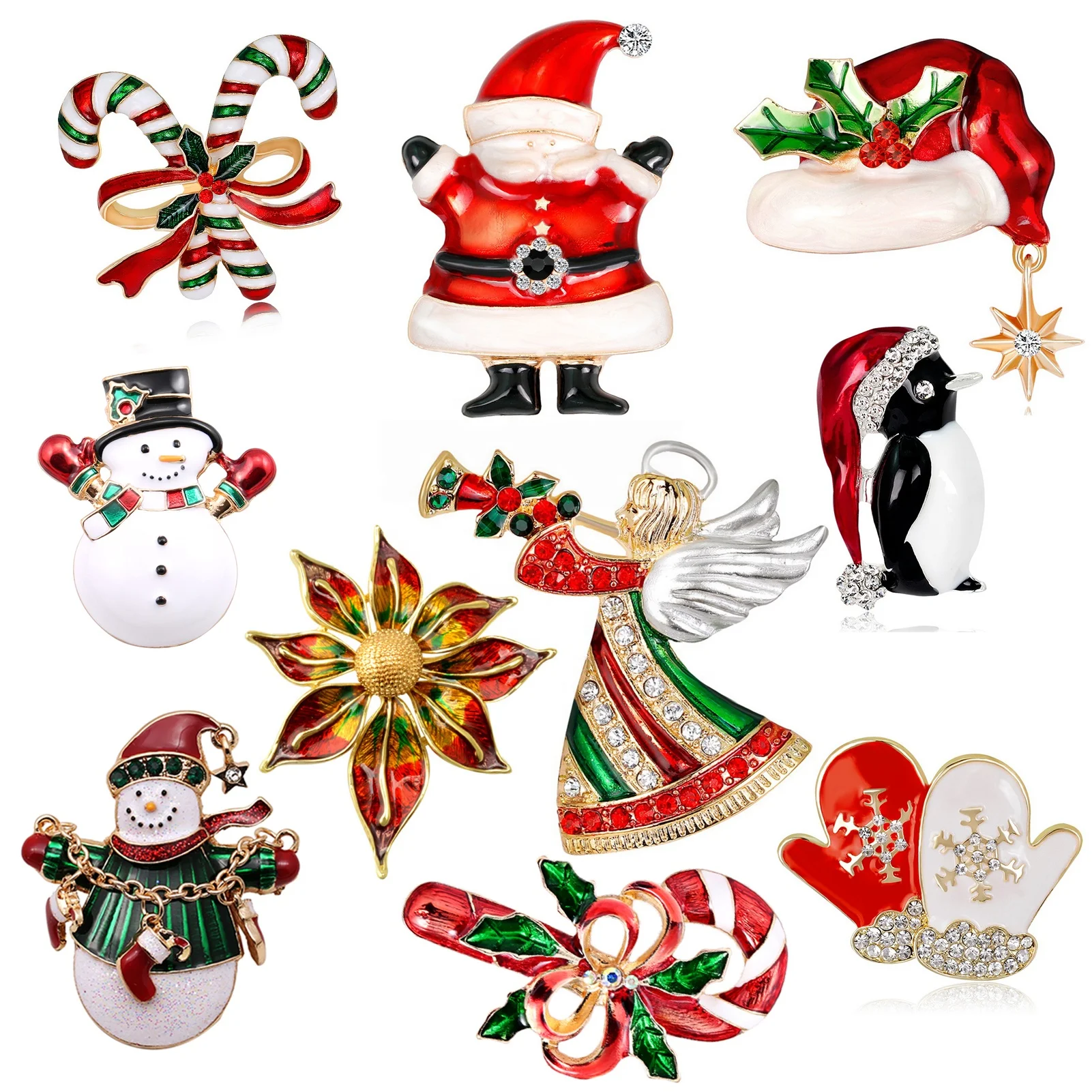 

XILIANGFEIZI High Quality Alloy Santa Rhinestone Enamel Gift Pin Christmas Tree Reindeer Cane Snowman Christmas Brooches, Gold