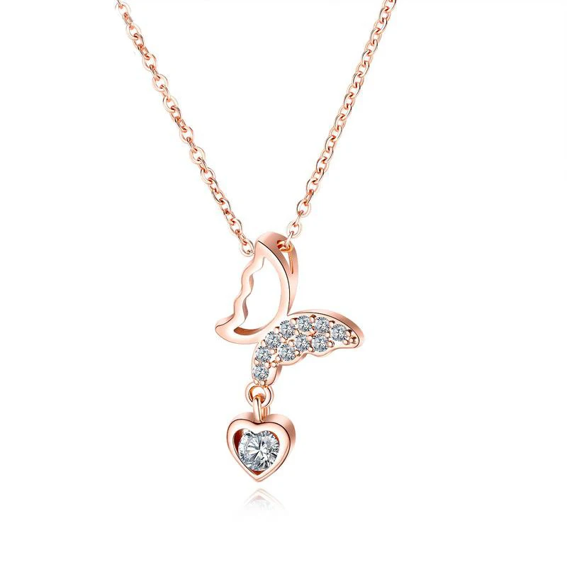 

Fashion Shining Zircon Butterfly Heart Necklaces Women 18K Rose Gold Simple Copper Pendant Necklace (KNK5107), Same as the picture