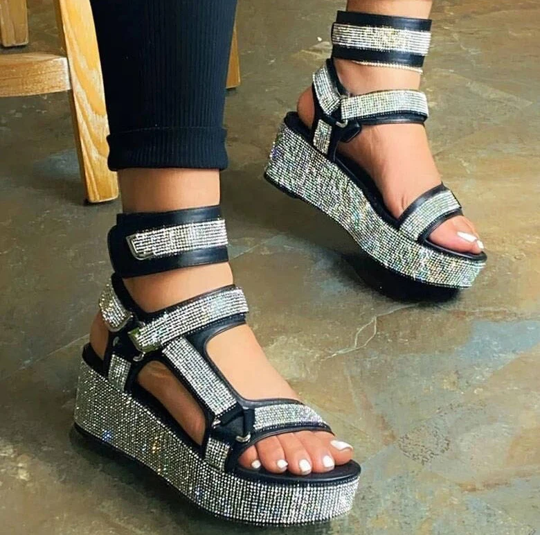 

2020 Fashion Hot Style Women Shoes Thick Bottom Rhinestone Shiny Glitter Ankle Strap Slippers Diamond Ladies Femmes Girl Sandals, Gold \silver