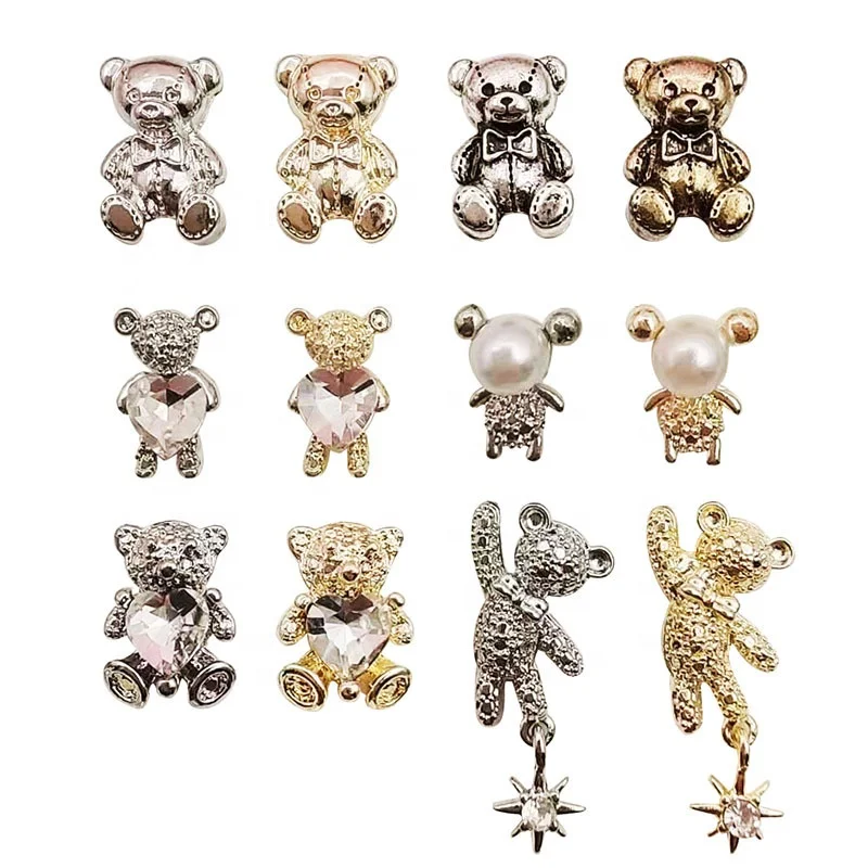 

Paso Sico 6 Designs Gold Silver Color Heart Diamond Bear 3D Alloy Nail Art Charms for DIY Decoration with Glass Stone