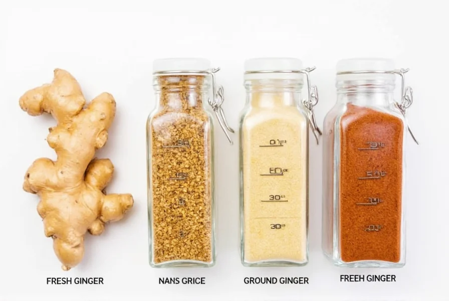 Fresh ginger root next to ground ginger in spice jars showing measurement comparison