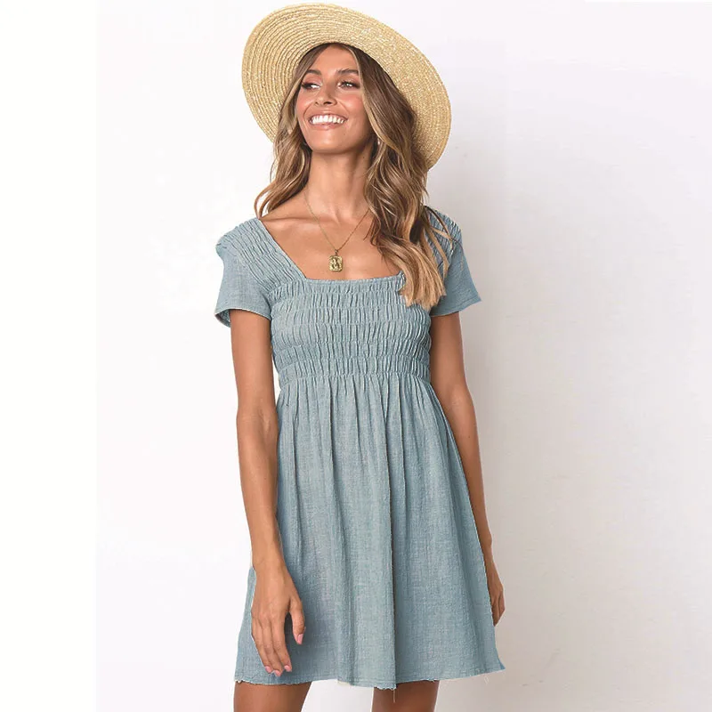 

Women's solid color short-sleeved square collar mini linen dress, Customized color