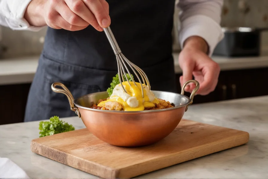 Professional chef whisking hollandaise sauce in copper bowl with fresh cracked black pepper nearby