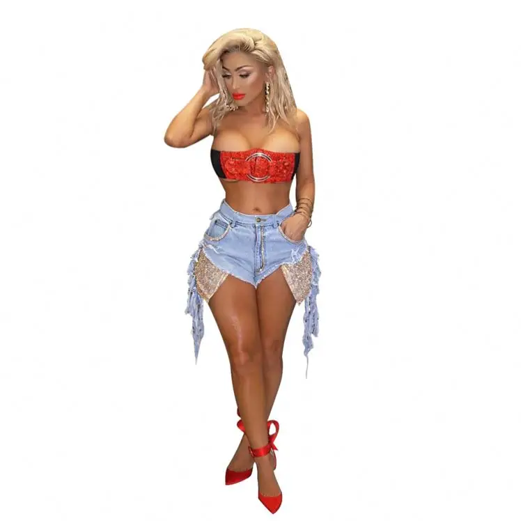 B91035 wholesale fashion women sexy sequined pocket rhinestone washed ripped smart denim jeans shorts