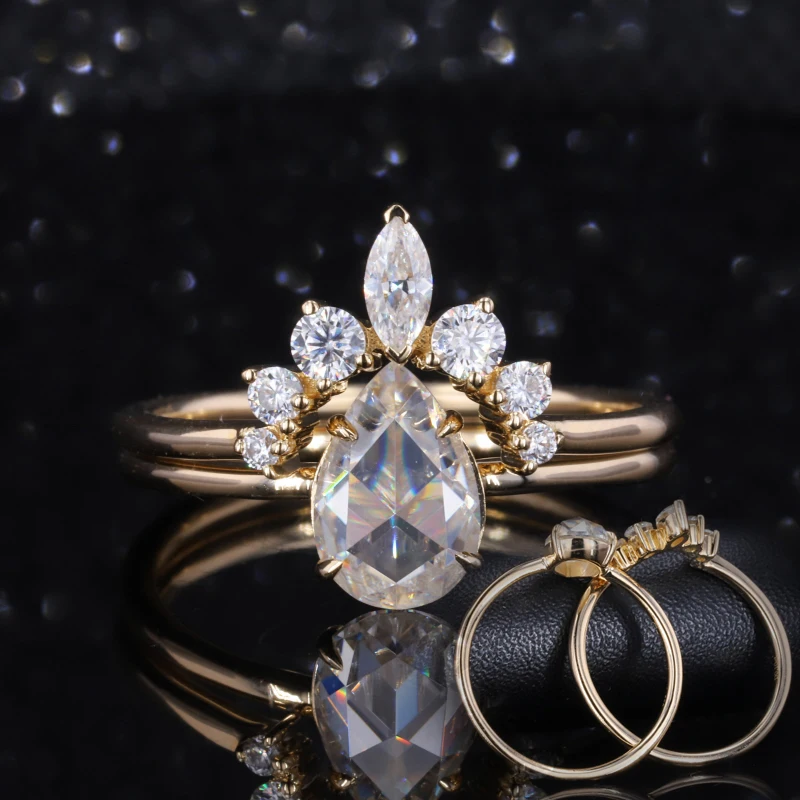

Starsgem pear single rose cut DEF moissanite 585 ring set 14k women gold ring jewelry
